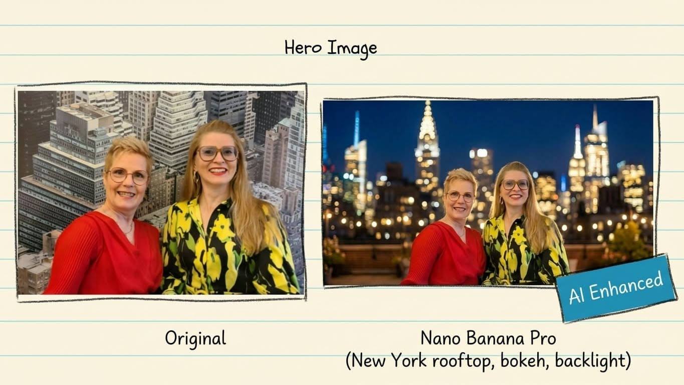 AI image enhancement with Nano Banana Pro - original photo transformed to New York rooftop nighttime scene