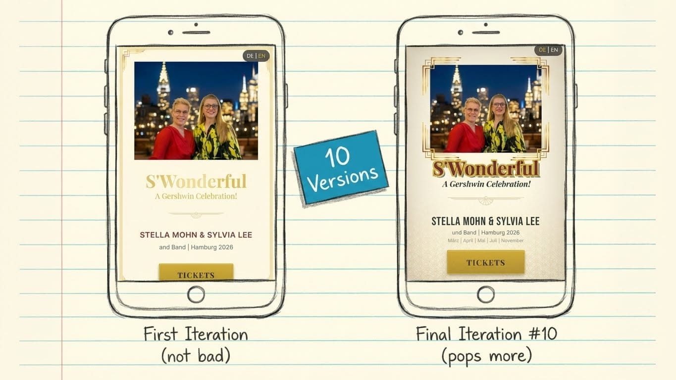 AI website design iteration - 10 versions from first mockup to final Art Deco styling in Claude Code