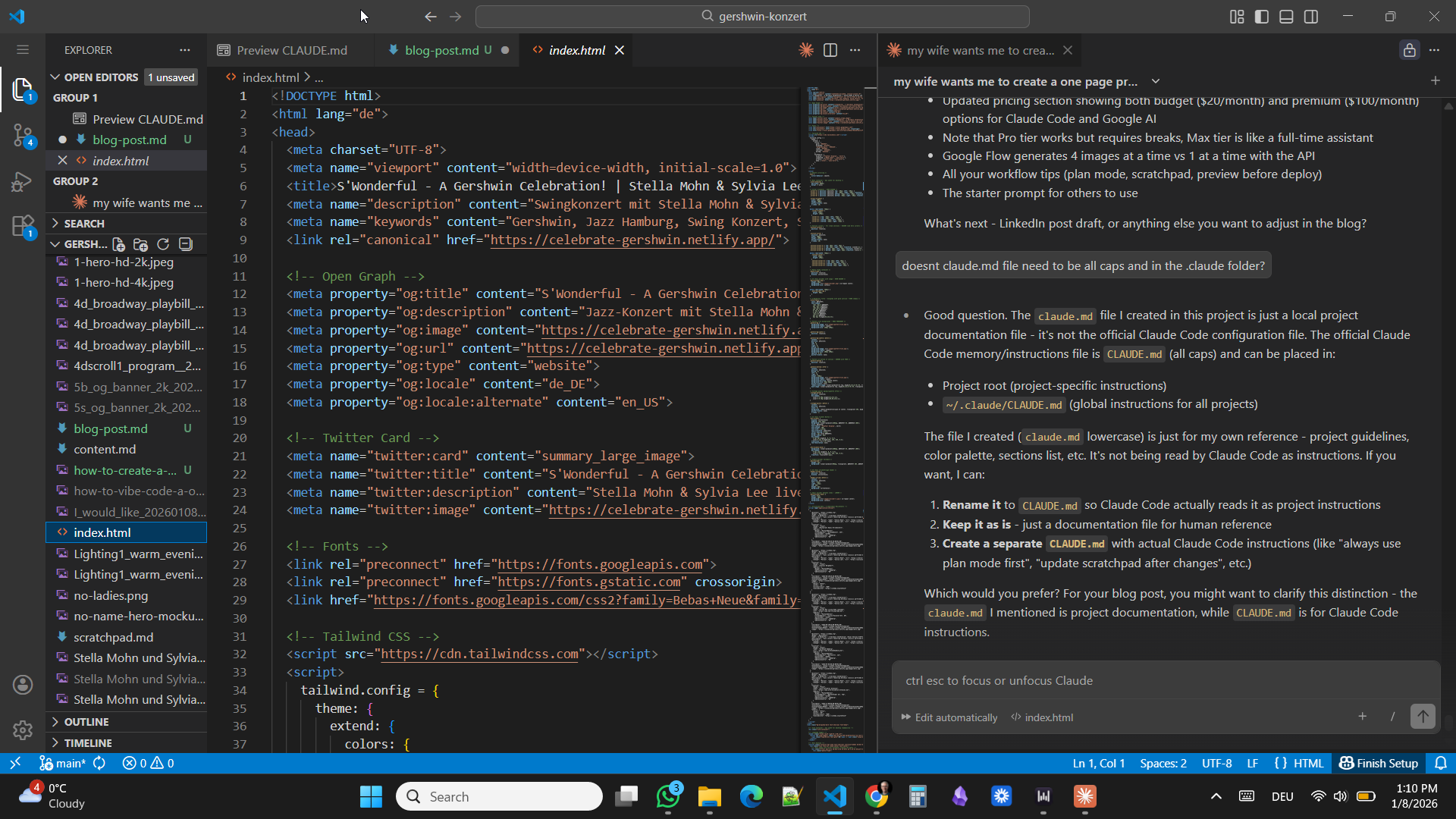 Claude Code in VS Code - building a static HTML website with AI coding assistant